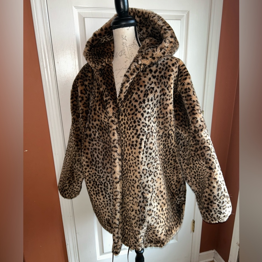 Vintage Faux Fur Animal Print Oversized Hooded Warm Winter 80s Coat Sz Medium